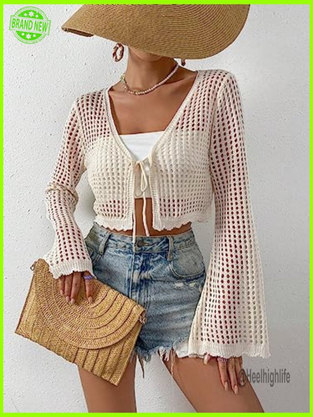 Crochet Tie Front Cardigan Boho Bell Long Sleeve Lightweight Cover Up - Picture 3 of 6